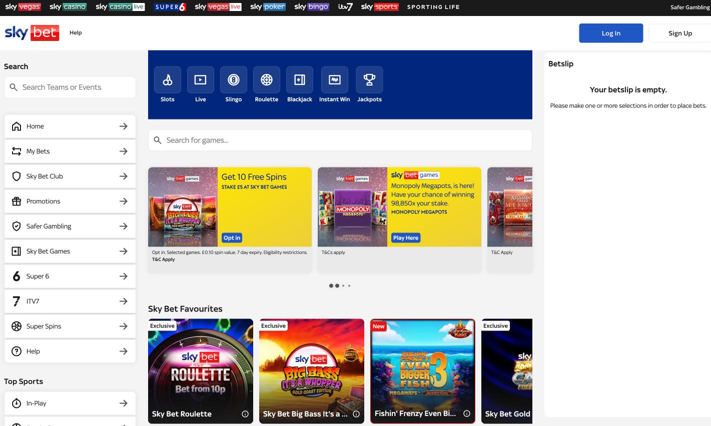 Screenshot of Sky Bet Casino lobby