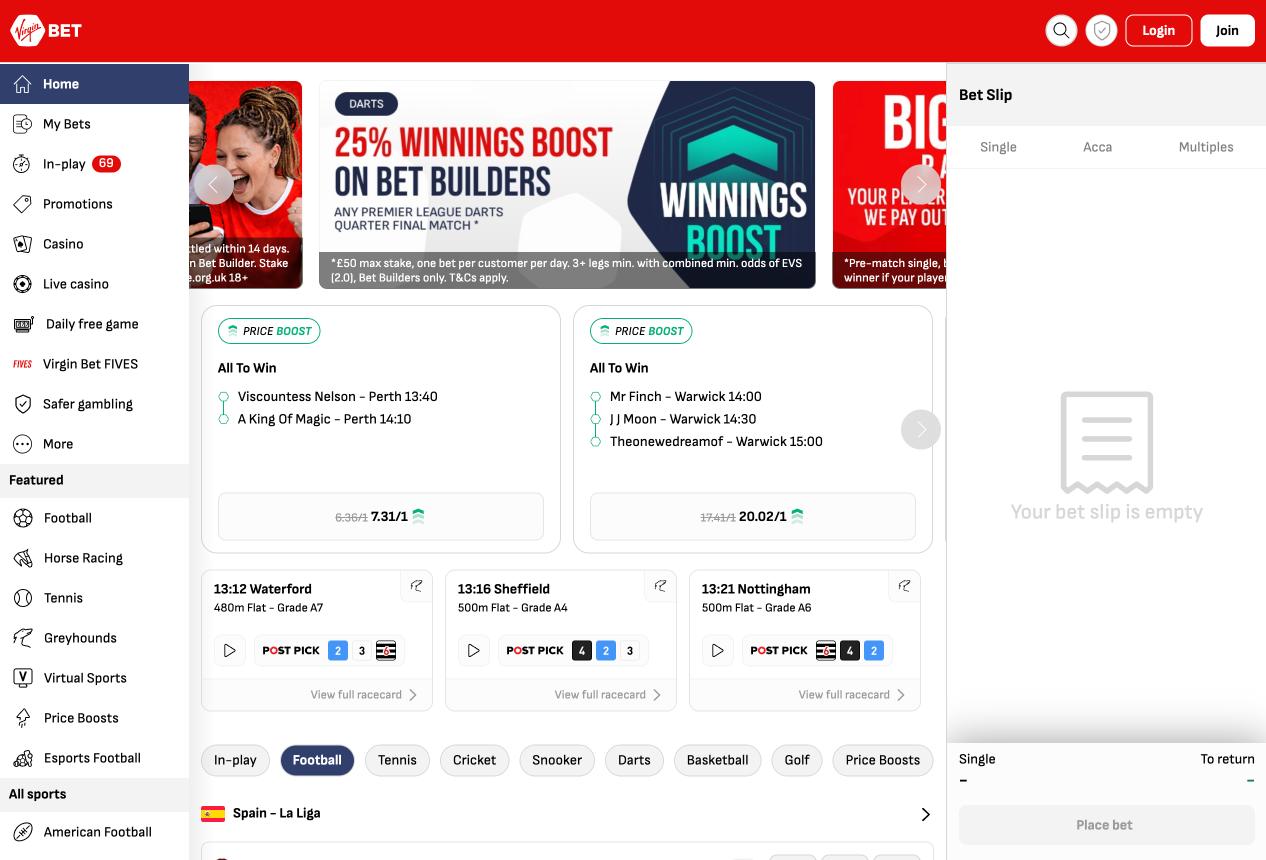 Screenshot of Virgin Bet Casino lobby