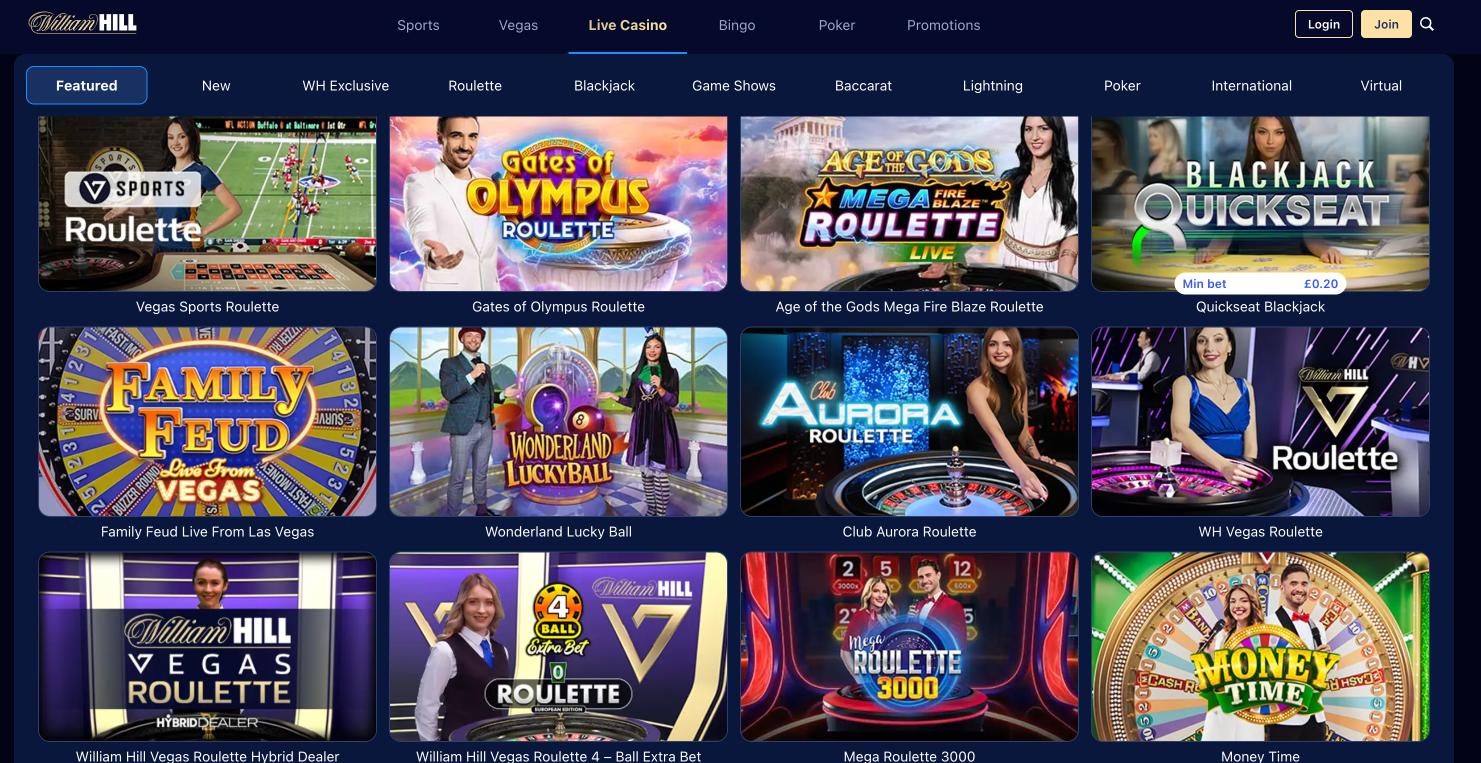 Screenshot of William Hill Casino lobby
